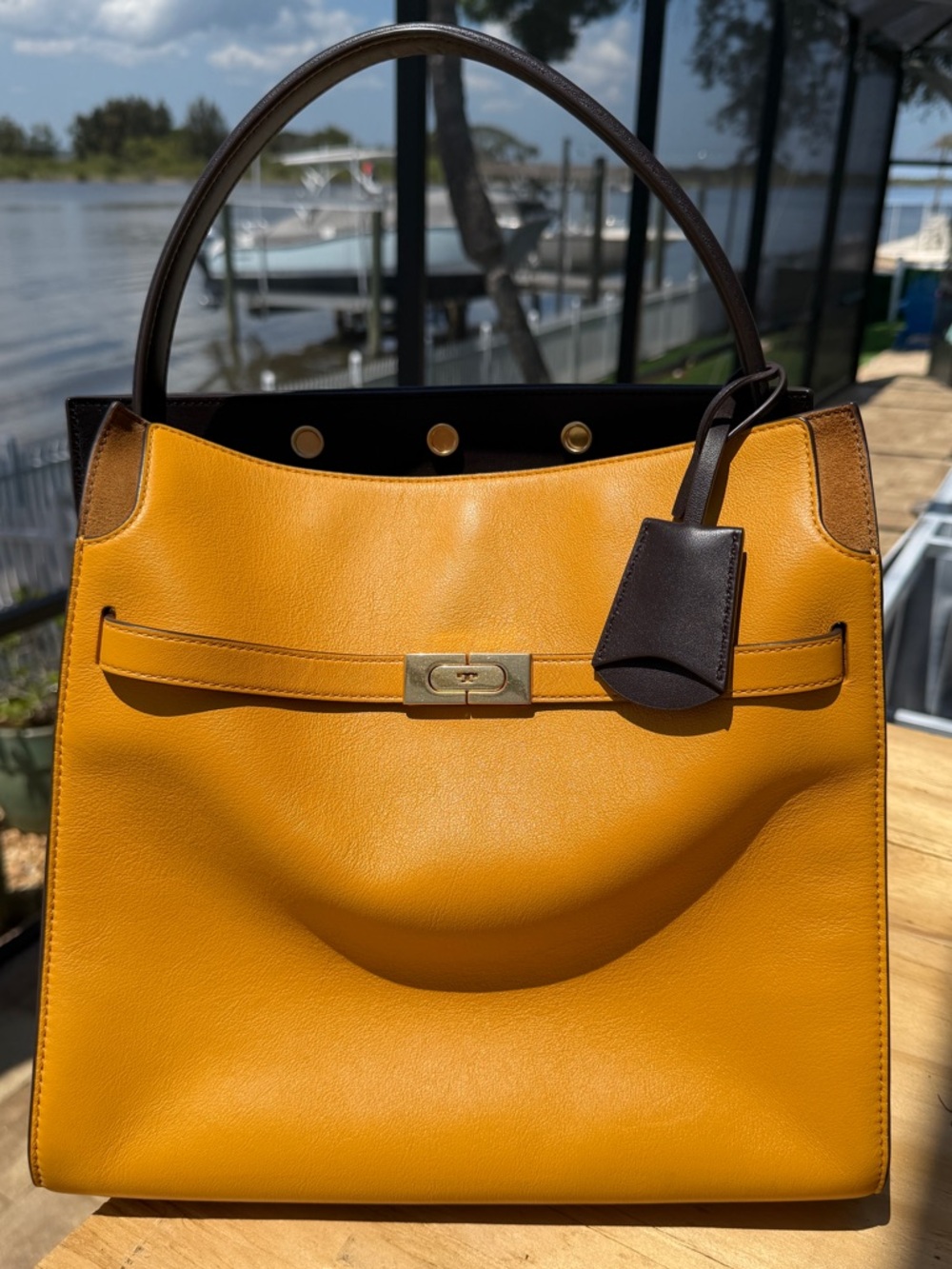 Tory Burch Lee Radziwill Large Double Bag leather/suede in Dark Solarium